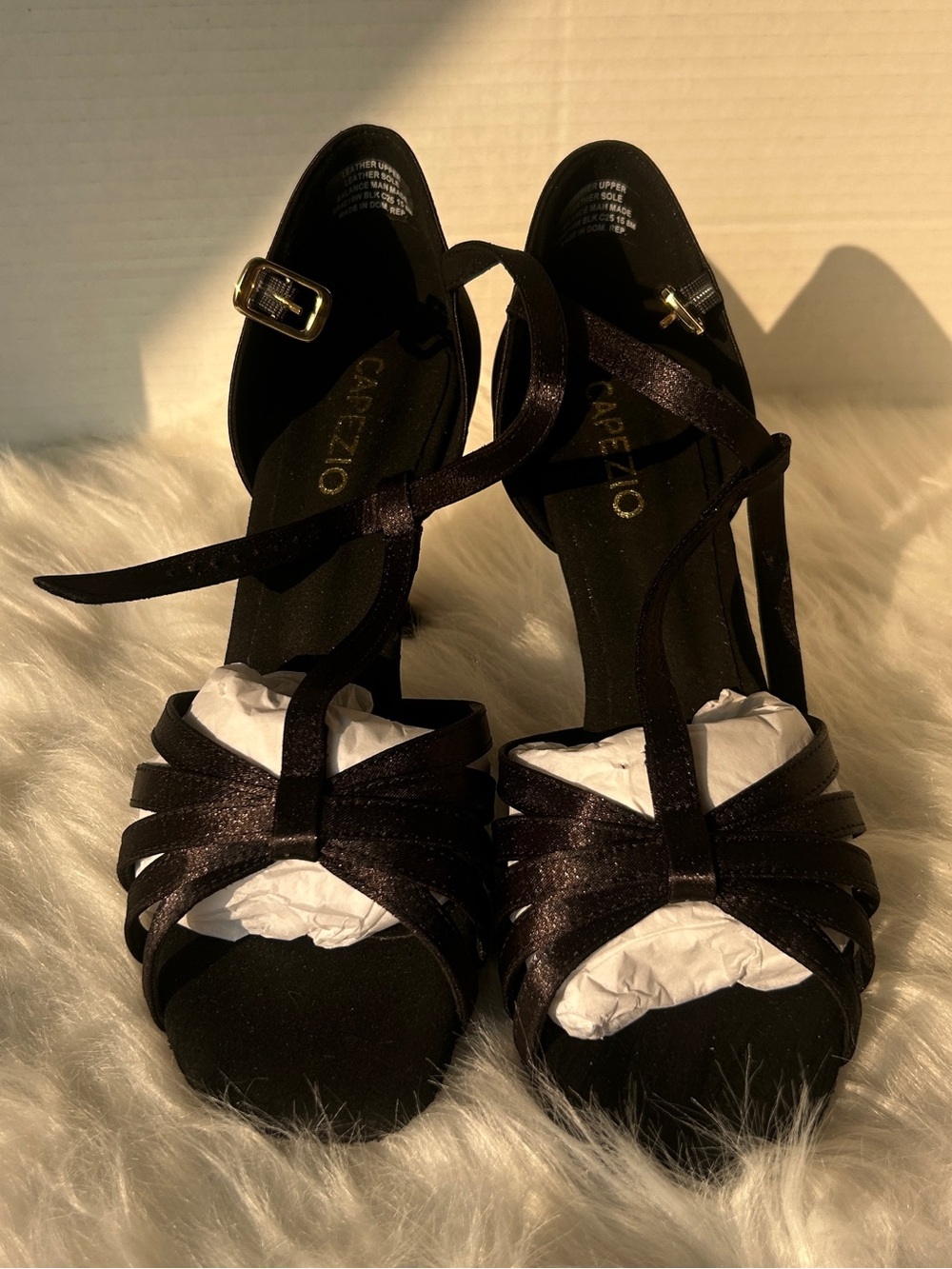 Capezio Black Satin Strappy Open-Toe Heels with Ankle Buckle